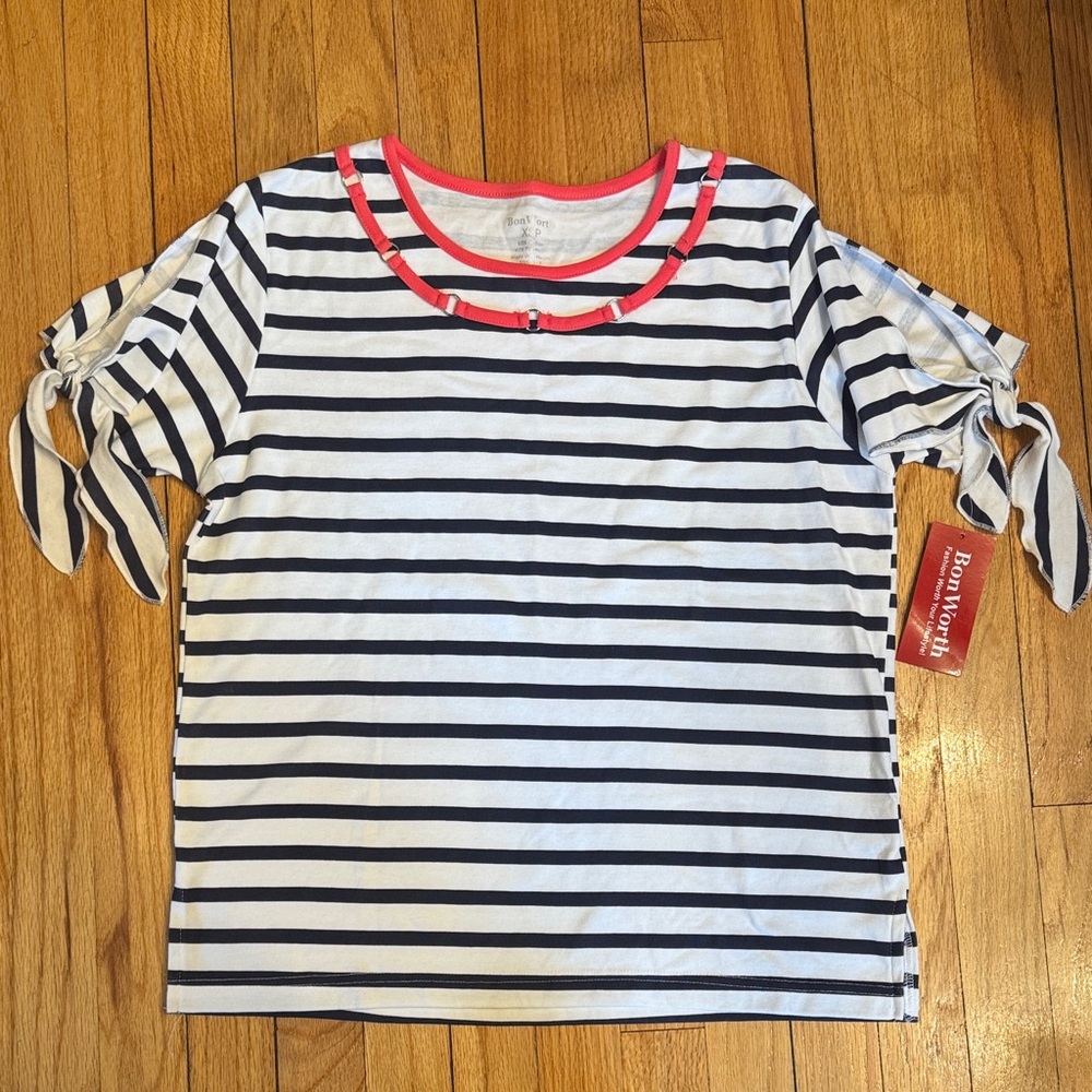 BonWorth Tshirt Women's Navy and White Striped Tee with Coral Trim XS Petite